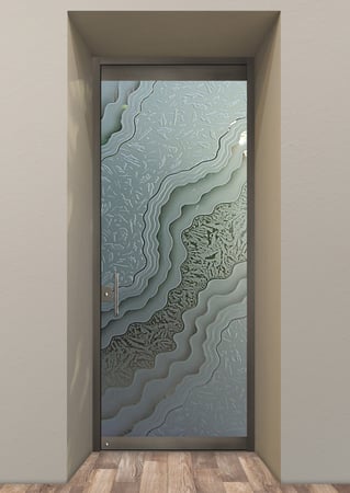 All Glass Front Door with a sandblast Frosted Glass Abstract Design Custom-Designed Decorative Etched Glass