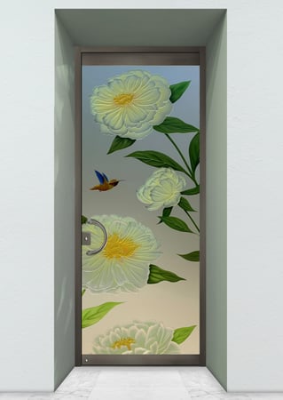 All Glass Front Door showcasing a Frosted Glass Floral Design with Sandblast Etched Glass Art by Sans Soucie Peonies Design