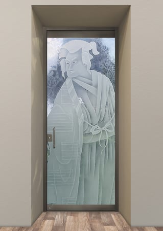 All Glass Front Door featuring a Frosted Glass Asian Design Sandblast Etched Glass Samurai Design by Sans Soucie