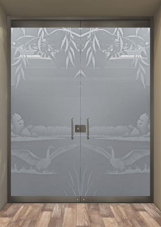 All Glass Front Door featuring a Frosted Glass Wildlife Design Sandblast Etched Glass Swans on the Lake Design by Sans Soucie