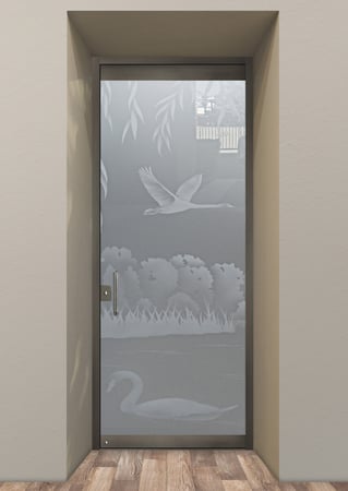All Glass Front Door with Frosted Glass Wildlife Swans on the Lake II Design by Sans Soucie