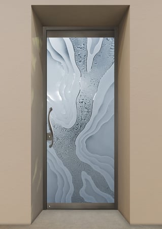 All Glass Front Door showcasing a Frosted Glass Abstract Design with Sandblast Etched Glass Art by Sans Soucie Abstract Liquid Design