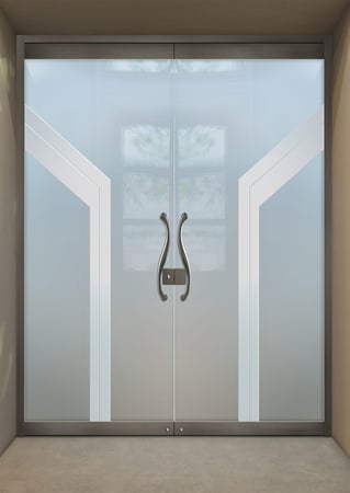 All Glass Front Door with Frosted Glass Geometric Angled Bands Design by Sans Soucie