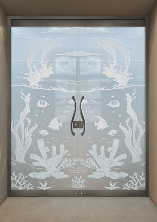 All Glass Front Door featuring Frosted Glass Design Etched Glass by Sans Soucie Art Glass with Custom Oceanic Design Aquarium Dolphins