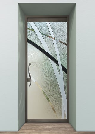 All Glass Front Door showcasing a Frosted Glass Geometric Design with Sandblast Etched Glass Art by Sans Soucie Arcos Design