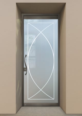 All Glass Front Door showcasing a Frosted Glass Geometric Design with Sandblast Etched Glass Art by Sans Soucie Arcs Design