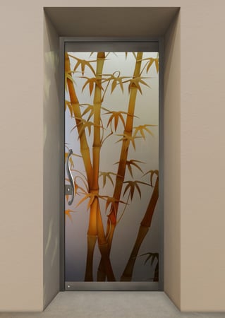 All Glass Front Door showcasing a Frosted Glass Asian Design with Sandblast Etched Glass Art by Sans Soucie Bamboo Shoots II Copper Design
