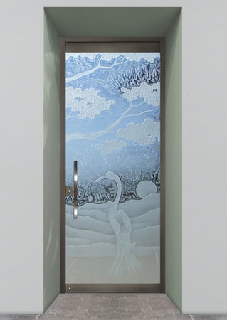 All Glass Front Door showcasing a Frosted Glass Asian Design with Sandblast Etched Glass Art by Sans Soucie Bonsai Egret Design
