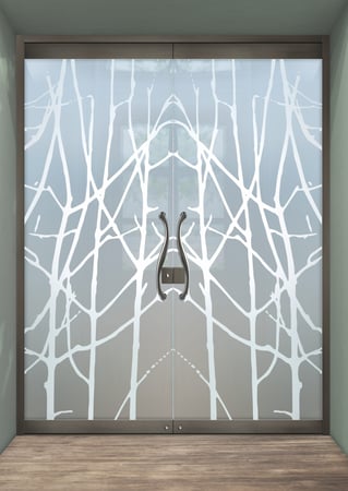 All Glass Front Door with a sandblast Frosted Glass Trees Design Custom-Designed Decorative Etched Glass