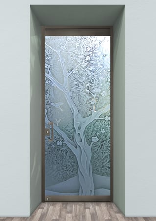All Glass Front Door featuring Frosted Glass Design Etched Glass by Sans Soucie Art Glass with Custom Asian Design Cherry Blossom III