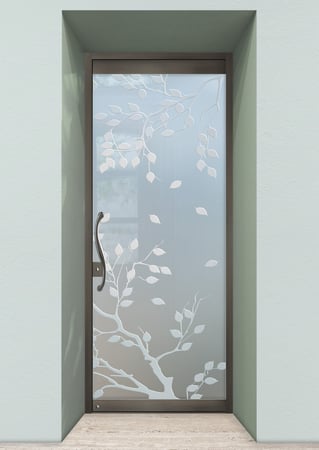 All Glass Front Door showcasing a Frosted Glass Asian Design with Sandblast Etched Glass Art by Sans Soucie Cherry Tree Design