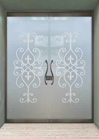 All Glass Front Door with a sandblast Frosted Glass Wrought Iron Design Custom-Designed Decorative Etched Glass