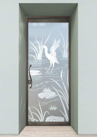 All Glass Front Door showcasing a Frosted Glass Wildlife Design with Sandblast Etched Glass Art by Sans Soucie Cranes A Design