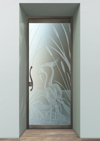 All Glass Front Door showcasing a Frosted Glass Wildlife Design with Sandblast Etched Glass Art by Sans Soucie Cranes & Cattails Design