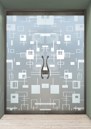 All Glass Front Door with a Frosted Glass Cross Bars Geometric Design for Semi-Private by Sans Soucie Art Glass