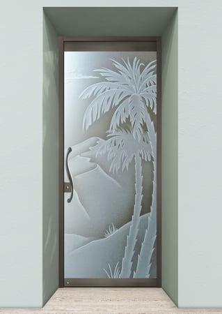 All Glass Front Door with a sandblast Frosted Glass Palm Trees Design Custom-Designed Decorative Etched Glass