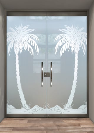 All Glass Front Door with a sandblast Frosted Glass Palm Trees Design Custom-Designed Decorative Etched Glass