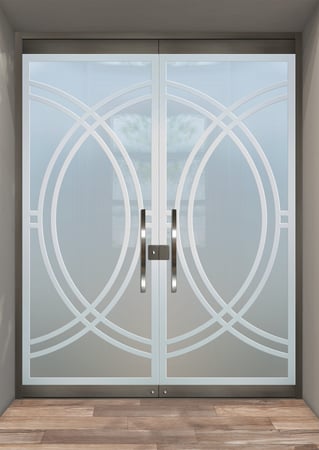 All Glass Front Door with a sandblast Frosted Glass Geometric Design Custom-Designed Decorative Etched Glass
