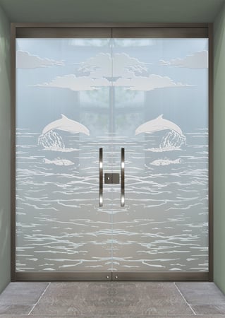 All Glass Front Door featuring Frosted Glass Design Etched Glass by Sans Soucie Art Glass with Custom Oceanic Design Dolphins in the Shimmer