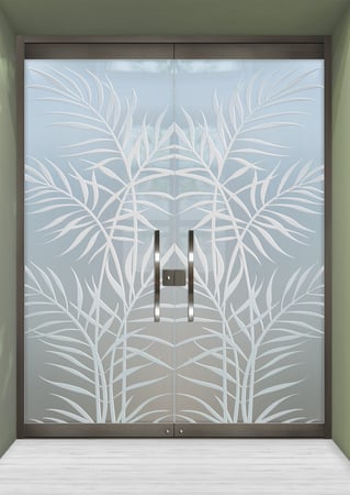 All Glass Front Door with a sandblast Frosted Glass Tropical Design Custom-Designed Decorative Etched Glass
