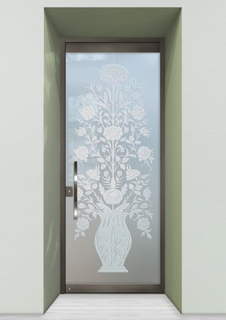 All Glass Front Door with a sandblast Frosted Glass Floral Design Custom-Designed Decorative Etched Glass
