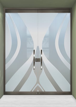 All Glass Front Door featuring a Frosted Glass Abstract Design Sandblast Etched Glass Flow Design by Sans Soucie