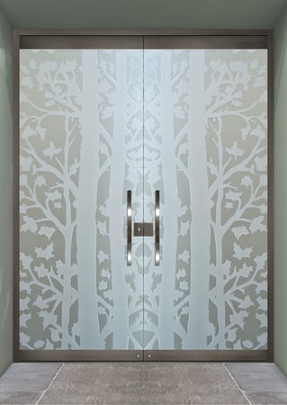 All Glass Front Door showcasing a Frosted Glass Trees Design with Sandblast Etched Glass Art by Sans Soucie Forest Trees Design