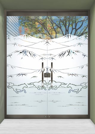 All Glass Front Door featuring a Frosted Glass Western Design Sandblast Etched Glass Galloping in the Vistas Design by Sans Soucie