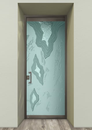 All Glass Front Door showcasing a Frosted Glass Abstract Design with Sandblast Etched Glass Art by Sans Soucie Glacier Design