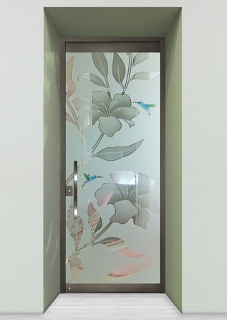 All Glass Front Door with a sandblast Frosted Glass Tropical Design Custom-Designed Decorative Etched Glass
