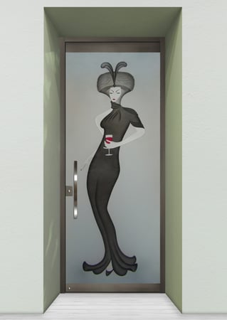 All Glass Front Door showcasing a Frosted Glass Art Deco Design with Sandblast Etched Glass Art by Sans Soucie Hillis Furs Wine Design