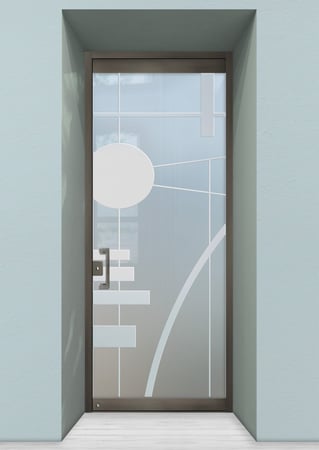 All Glass Front Door featuring Frosted Glass Design Etched Glass by Sans Soucie Art Glass with Custom Geometric Design Interval