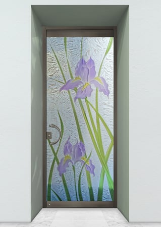 All Glass Front Door with a Frosted Glass Iris Floral Design for Semi-Private by Sans Soucie Art Glass
