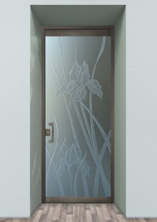 All Glass Front Door featuring a Frosted Glass Floral Design Sandblast Etched Glass Iris Hummingbird Design by Sans Soucie