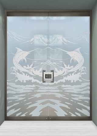 All Glass Front Door with a Frosted Glass Marlin Oceanic Design for Semi-Private by Sans Soucie Art Glass