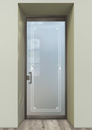 All Glass Front Door with a Frosted Glass Miranda Wrought Iron Design for Semi-Private by Sans Soucie Art Glass