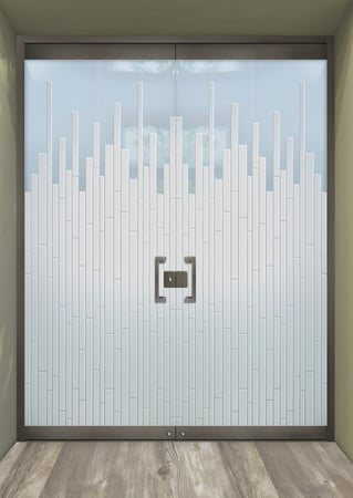 All Glass Front Door featuring Frosted Glass Design Etched Glass by Sans Soucie Art Glass with Custom Geometric Design Mosaics
