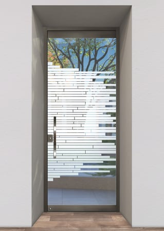 All Glass Front Door featuring Frosted Glass Design Etched Glass by Sans Soucie Art Glass with Custom Geometric Design Mosaics Horizontal