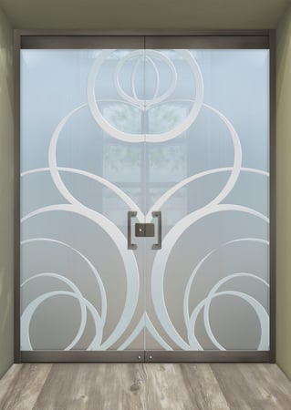 All Glass Front Door featuring Frosted Glass Design Etched Glass by Sans Soucie Art Glass with Custom Geometric Design Motion