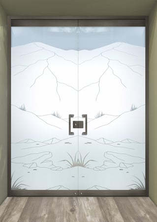 All Glass Front Door with Frosted Glass Desert Mountains Foliage Design by Sans Soucie