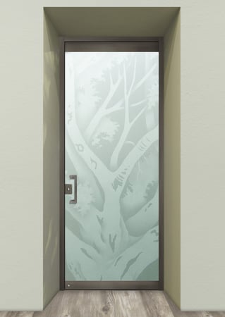 All Glass Front Door with a sandblast Frosted Glass Trees Design Custom-Designed Decorative Etched Glass