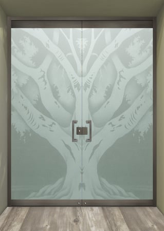 All Glass Front Door showcasing a Frosted Glass Trees Design with Sandblast Etched Glass Art by Sans Soucie Oak Tree II Design