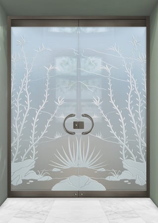 All Glass Front Door showcasing a Frosted Glass Desert Design with Sandblast Etched Glass Art by Sans Soucie Ocotillo Design