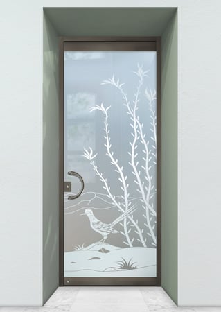 All Glass Front Door showcasing a Frosted Glass Desert Design with Sandblast Etched Glass Art by Sans Soucie Ocotillo Roadrunner Design
