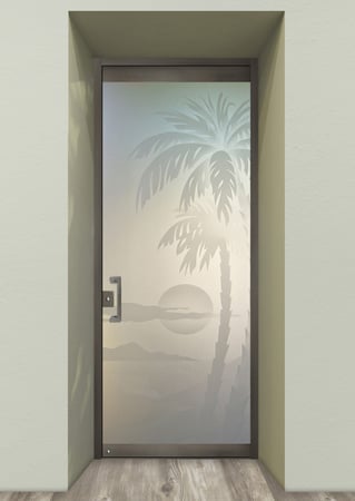 All Glass Front Door featuring Frosted Glass Design Etched Glass by Sans Soucie Art Glass with Custom Palm Trees Design Palm Sunset