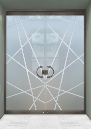 All Glass Front Door featuring Frosted Glass Design Etched Glass by Sans Soucie Art Glass with Custom Geometric Design Pick Up