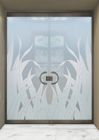 All Glass Front Door featuring Frosted Glass Design Etched Glass by Sans Soucie Art Glass with Custom Foliage Design Reeds
