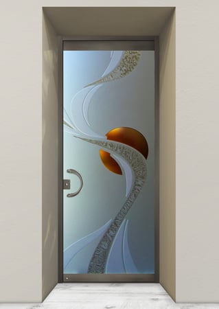 All Glass Front Door featuring a Frosted Glass Geometric Design Sandblast Etched Glass Ribbon Reflection Moons Design by Sans Soucie