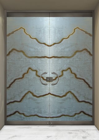 All Glass Front Door showcasing a Frosted Glass Abstract Design with Sandblast Etched Glass Art by Sans Soucie Serrated Design