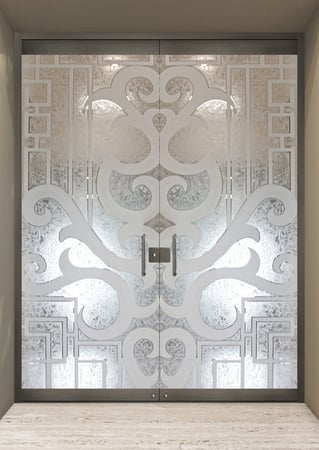 All Glass Front Door showcasing a Frosted Glass Geometric Design with Sandblast Etched Glass Art by Sans Soucie Seville Geo Design